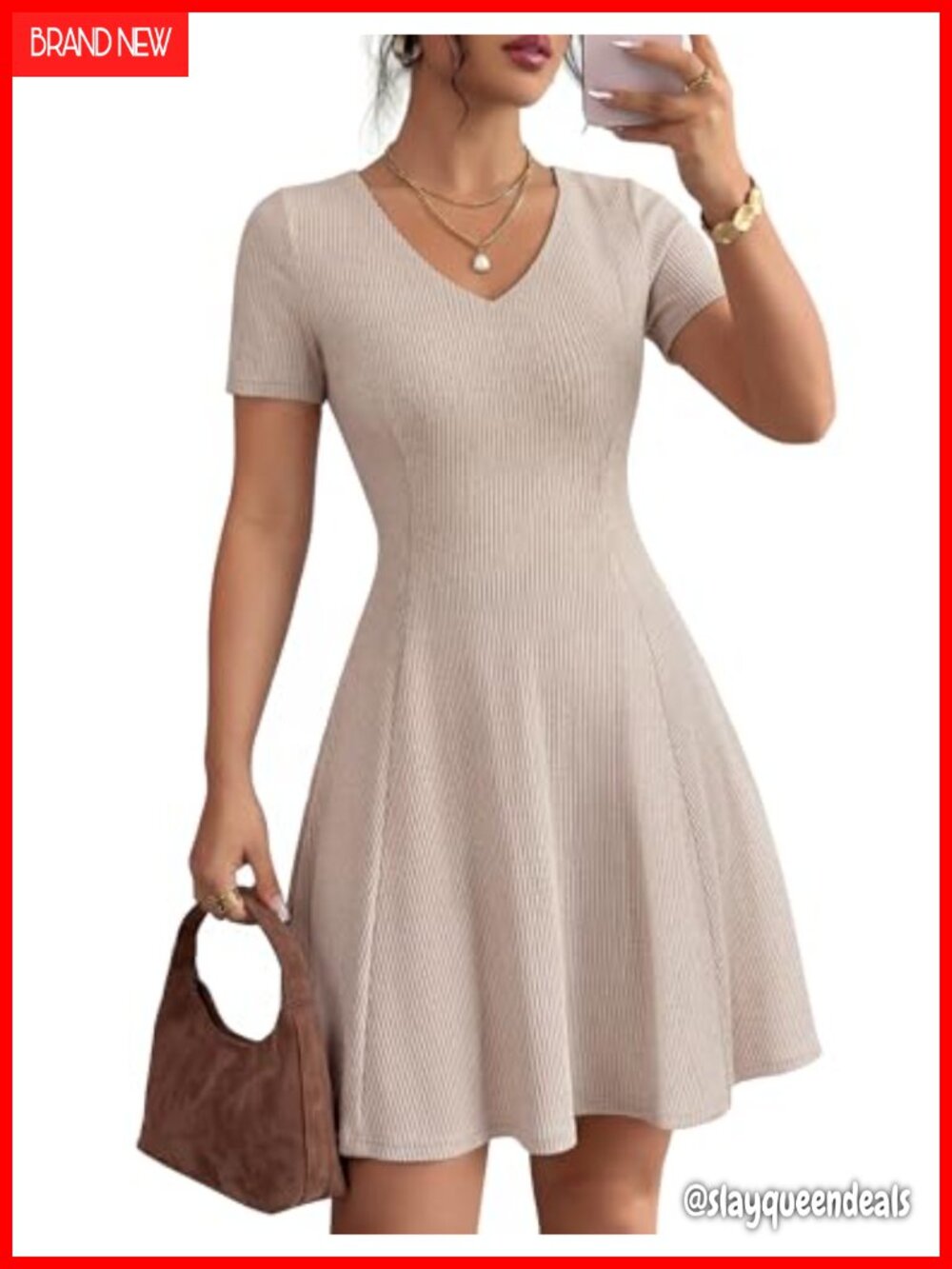 Women's Business Casual Ribbed A Line Mini Sweater Dress V-Neck Short Sleeve